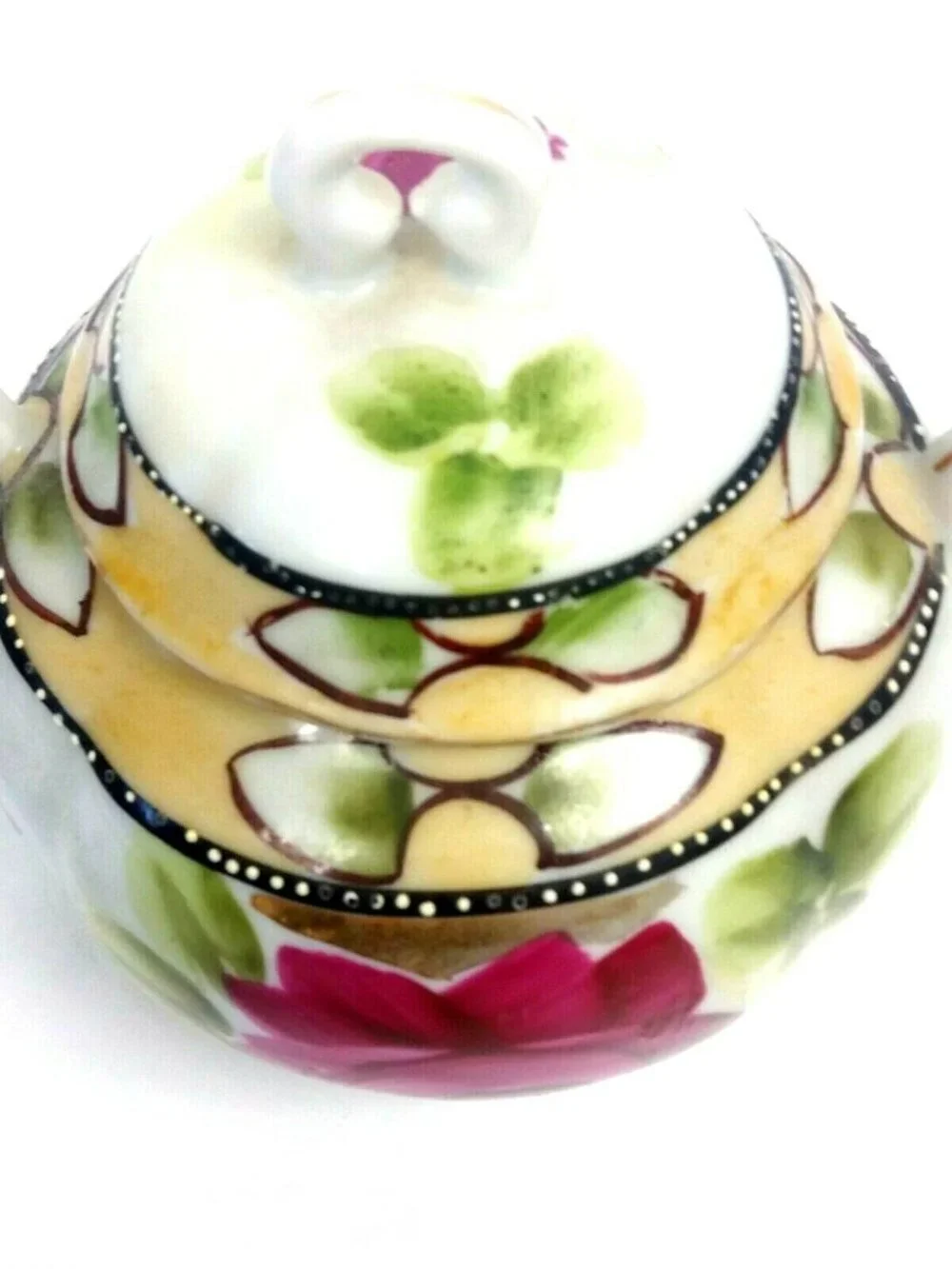 Japan Moriage Sugar Bowl lid Porcelain Double Handle Floral READ Flaw